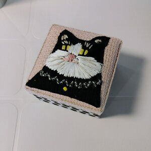 Anthropologie Embroidered Cat Jewelry Box, Beaded Polka Dot Design 3"x3"